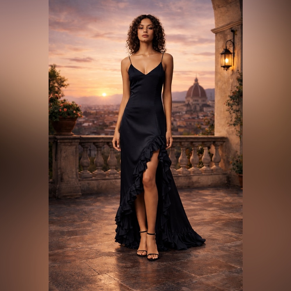 Caroline Constas Black Ruffle-Trim Slip Maxi Dress